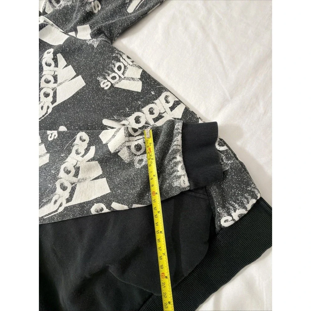 Adidas Mens All Over Logo Print Hoodie Black White Distressed Graphic Sweatshirt